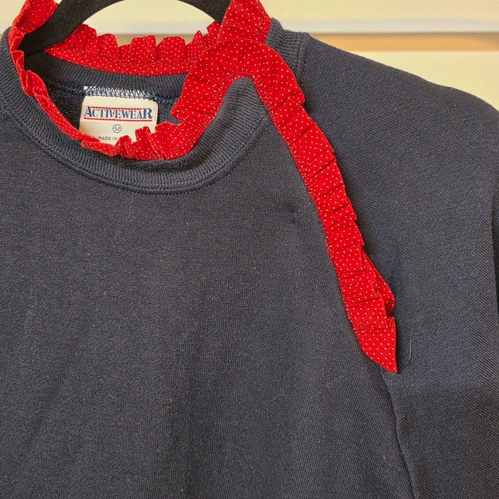 Vintage 80s Activewear Navy Blue Ruffle Collar Polka Dot Sweatshirt Women Medium - Picture 6 of 12